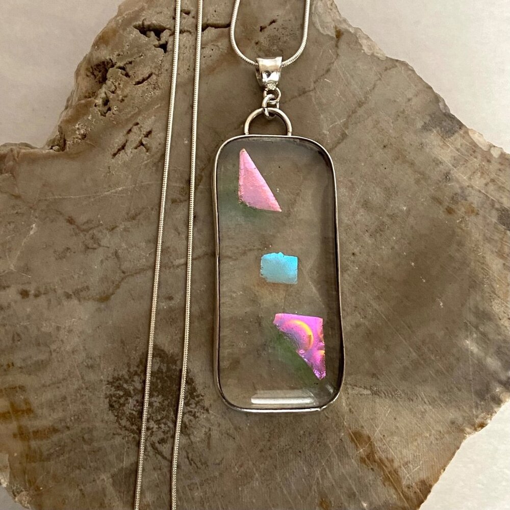 Sterling Silver 925 Rectangular Art Glass Long Pendant Necklace 24" Snake Chain